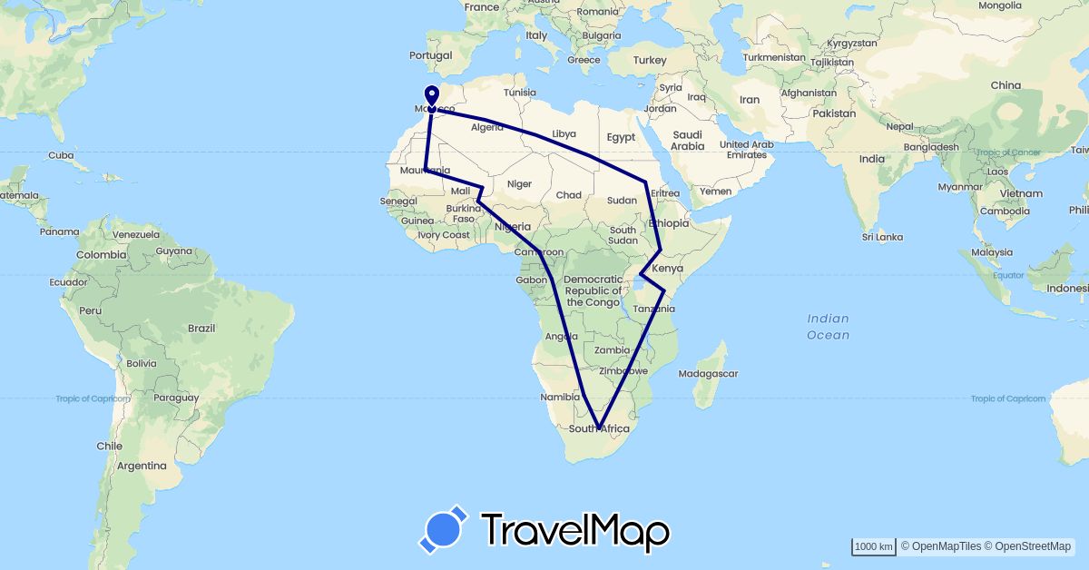 TravelMap itinerary: driving in Botswana, Democratic Republic of the Congo, Cameroon, Ethiopia, Kenya, Morocco, Mali, Mauritania, Niger, Sudan, Uganda, South Africa (Africa)